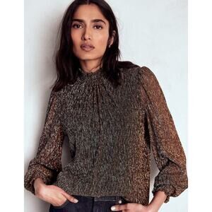 Boden Smocked Neck Metallic Top Metallic Size 8 NWT